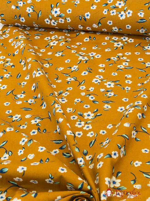 Импорт. хлопок "Белые цветы на темно-горчичном", ш.1.45м, хлопок-100%, 115гр/м.кв
