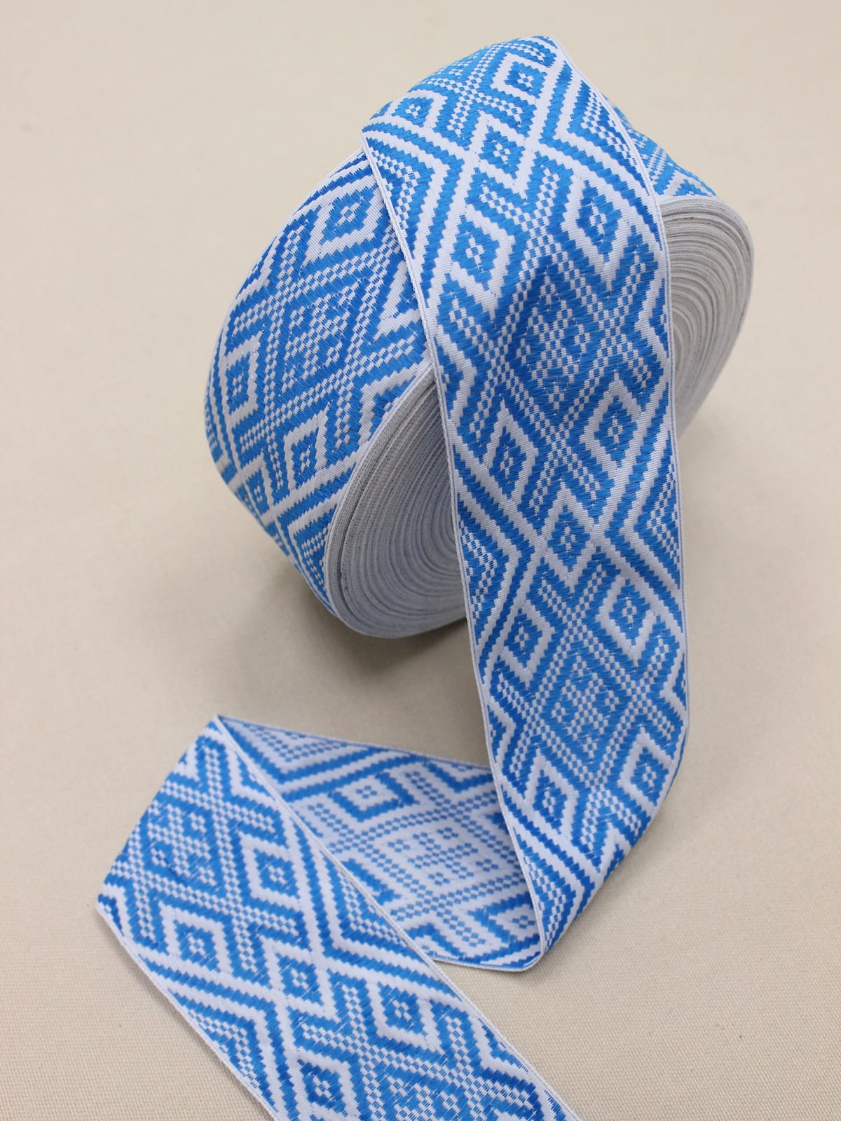 Жак.лента 70мм Бирюзовый славянский рисунок на белом