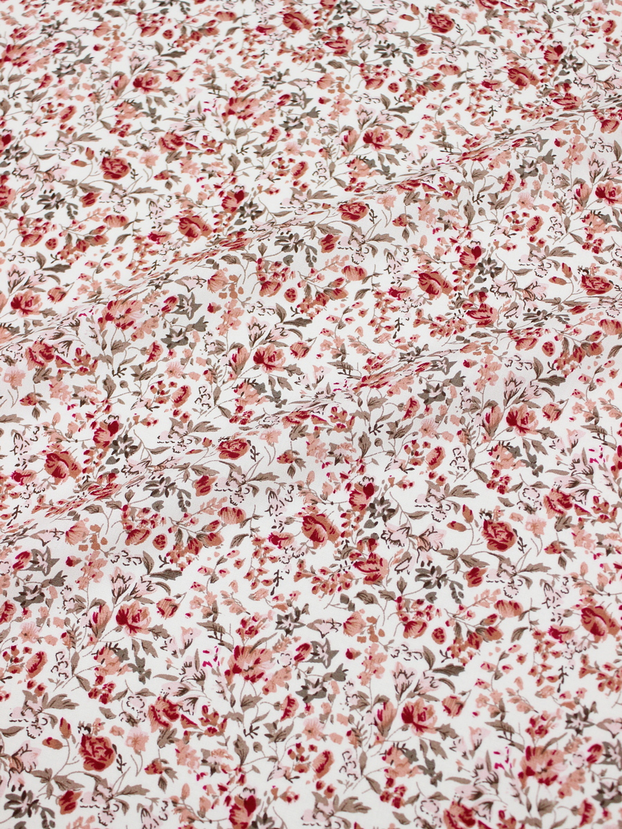 Штапель "Ингрид" коралловые цветочки на белом, ш.1.42м, вискоза-100%, 100гр/м.кв