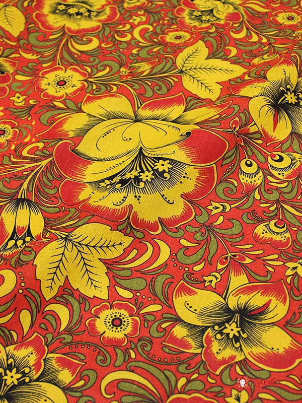 Мерный лоскут (ткань в отрезах) - Бязь "Хохлома на красном", ш.1.5м, хлопок-100%, 120гр/м.кв