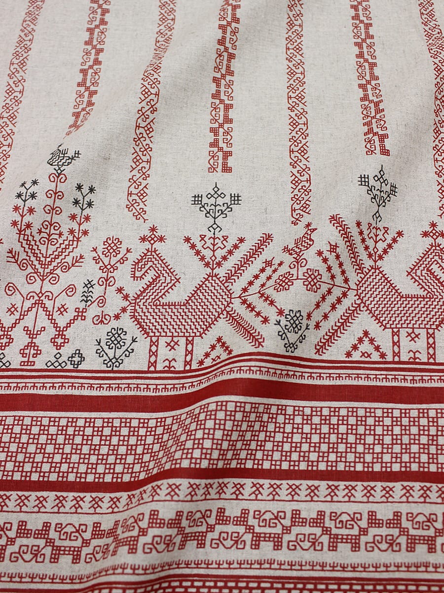 Полулен "Лошадки" цв.бордовый (на суровом), ш.1.5м, лен-30%, хлопок-70%, 145гр/м.кв