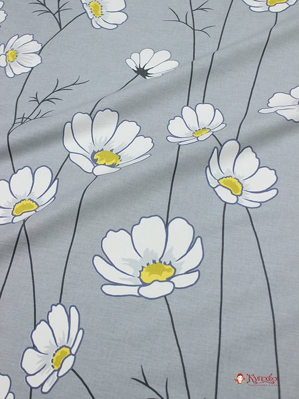 Поплин "Космея - белые цветы на сером", (комп), ш.2.2м, хлопок-100%, 115гр/м.кв