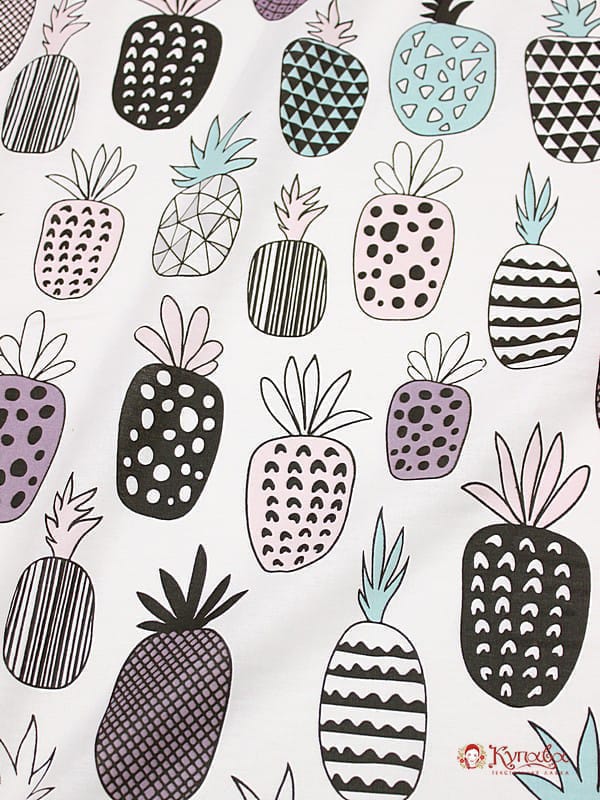 Поплин "Ананасы - пэчворк на белом", ш.2.2м, хлопок-100%, 115гр/м.кв