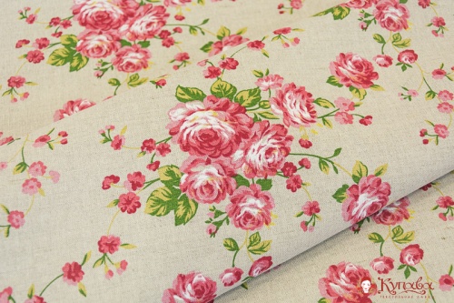 Полулен "Розовые розочки на льняном" 1.5 м, лен-56%, хлопок-44%, пл.200 гр/м.кв.