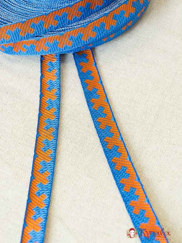 Жак.лента 18мм Оранжевый орнамент на синем