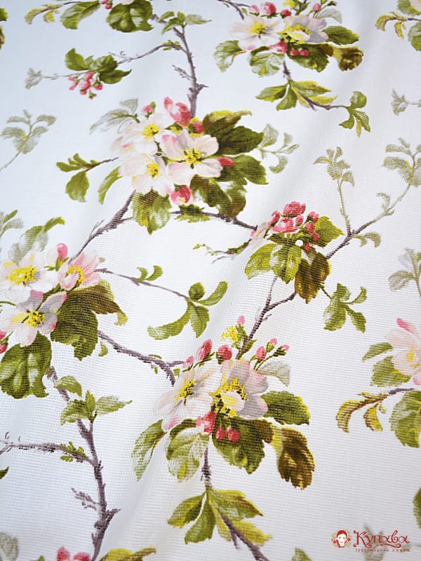 Мерный лоскут (ткань в отрезах) - Рогожка "Яблоневый цвет на белом", ш.1.5м, хлопок-100%, 165гр/м.кв