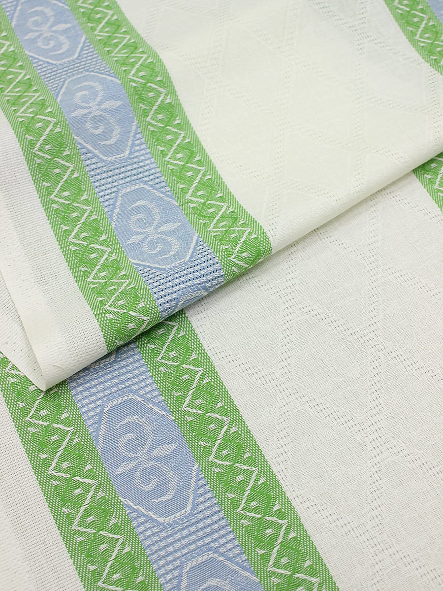 Холст полотенечный жаккард "Ромбы на белом с каймой" цв.голубой/салатовый, ш.0.5м, лен-30%, хл-70%
