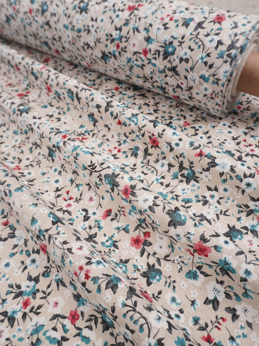 Полулен "Цветочный луг" цв.морская волна, ш.1.5м, лен-30%, хлопок-70%, 140гр/м.кв