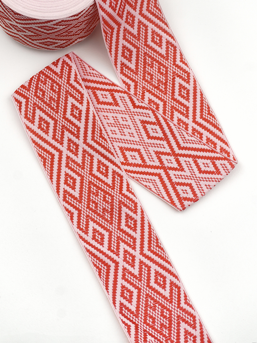 Жак.лента 70мм Красный славянский рисунок на бледно-розовом