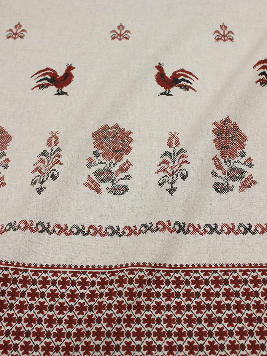 Полулен "Вышивка петушки с каймой" (на т.суровом-2), СОРТ2, ш.1.5м, хлопок-70%, лен-30%, 140гр/м.кв