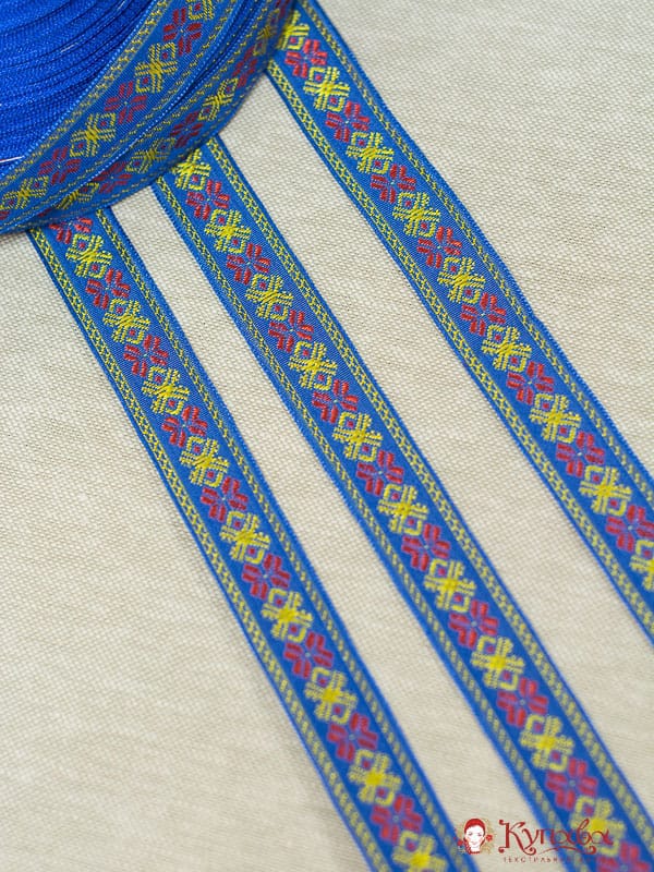 Жак.лента 22мм Красно-желтый орнамент на синем