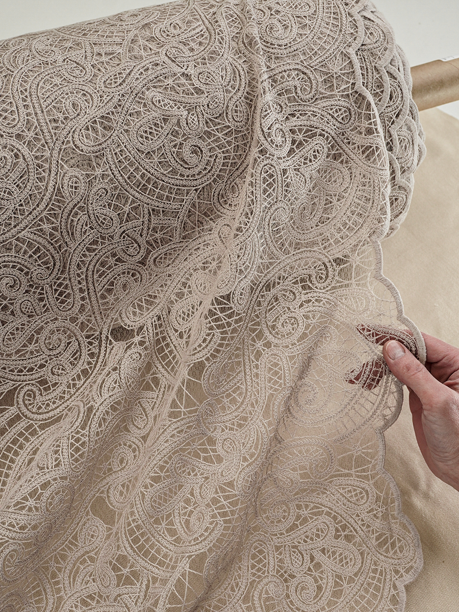 Кружевное полотно "Милада" (фестон с 2х ст.)  цв.бежевый жемчуг, ш.1.3м, хлопок-80%, нейлон-20%, 100гр/м.кв