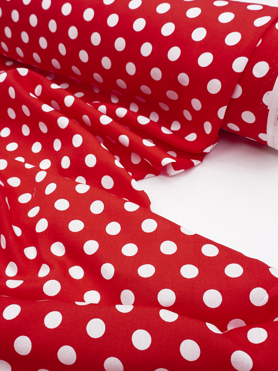 Штапель "Белый горох (11мм)" цв.красный, ш.1.45м, вискоза-100%, 95гр/м.кв
