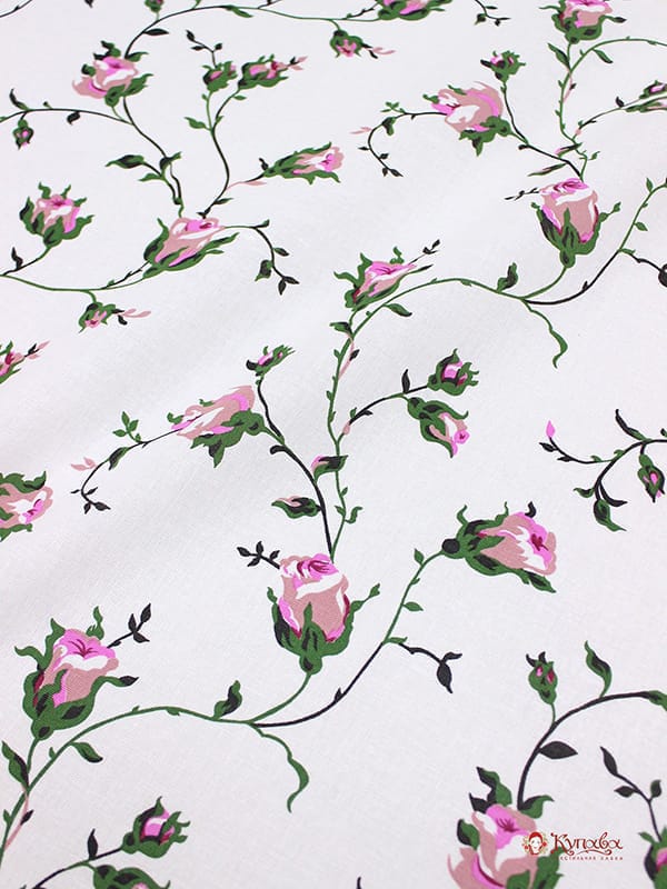 Полулен "Зайцевские розочки на белом", ш.1.5м, лен-30%, хлопок-70%, 140гр/м.кв#017702