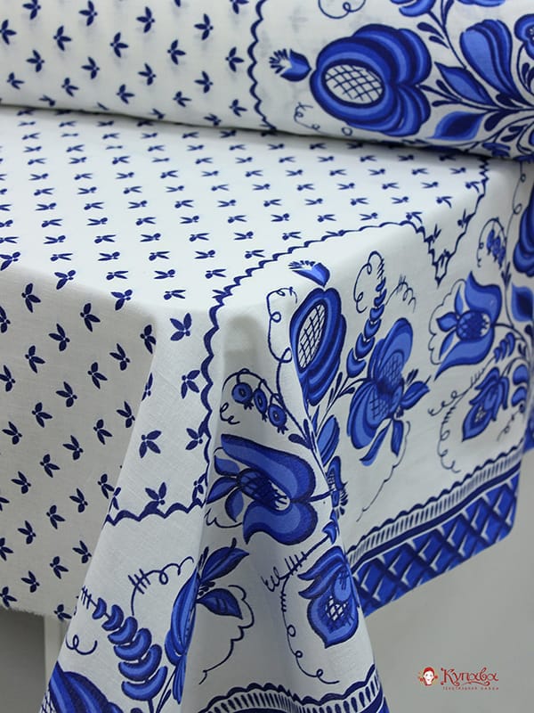 Мерный лоскут (ткань в отрезах) Полулен "Гжель по кайме" цв.белый, ш.1.5м, лен-30%, хлопок-70%,140гр/м.кв