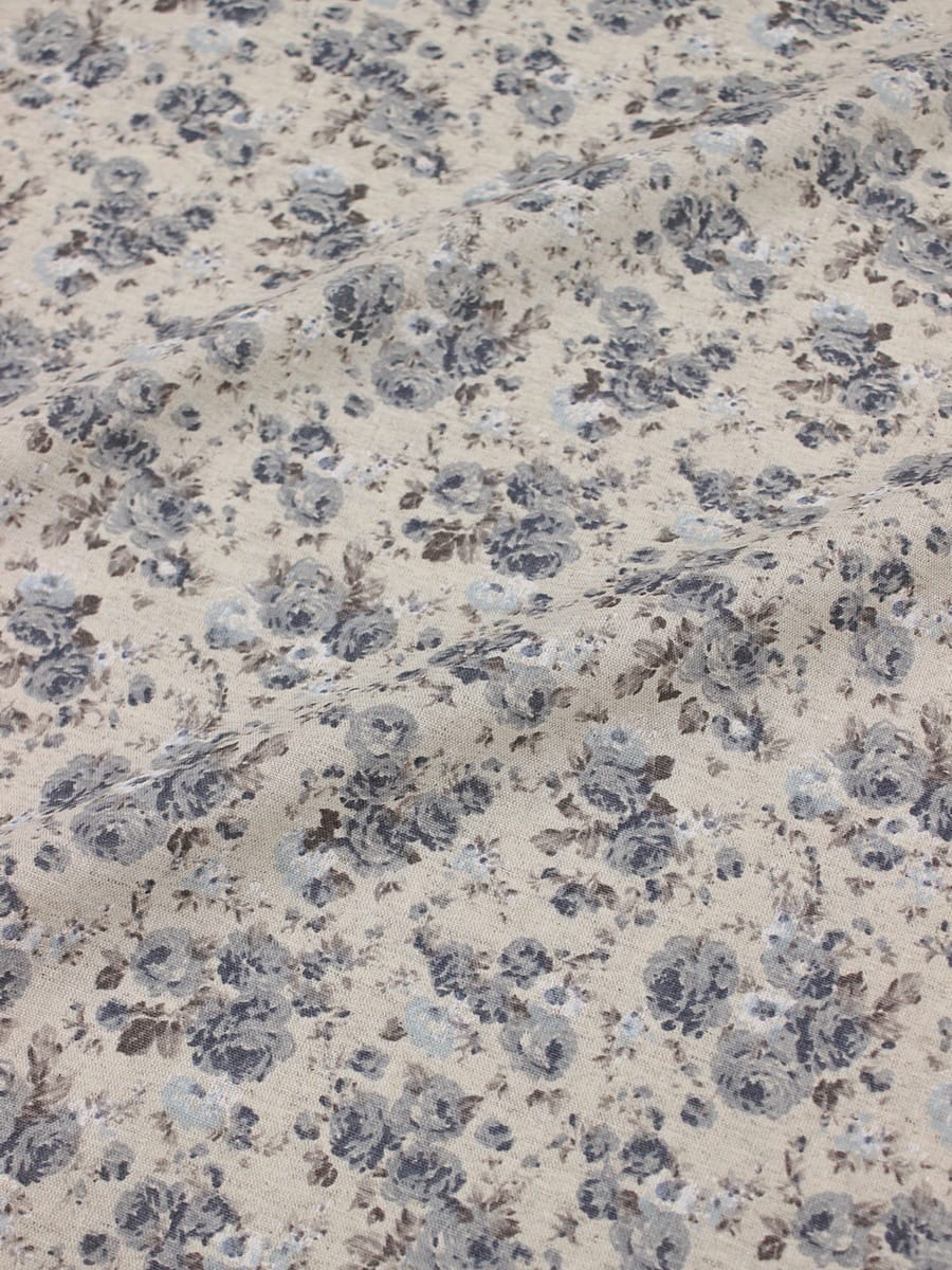 Мерный лоскут (ткань в отрезах) Полулен "Серо-голубые розочки" (на суровом), ш.1.5м, хлопок-70%, лен-30%, 140гр/м.кв