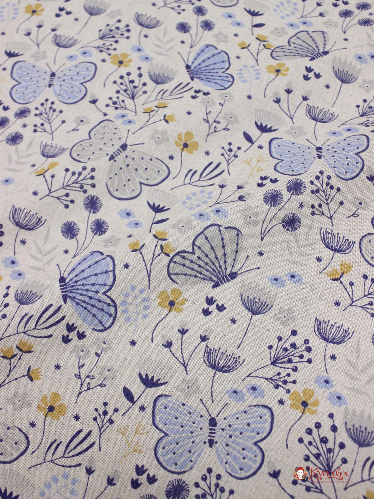 Полулен "Голубые бабочки на суровом", ш.1.5м, лен-30%, хлопок-70%, 140гр/м.кв