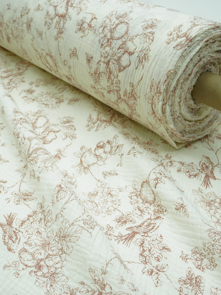 Муслин двухслойный с эф.жатости "Садовая трель" цв.кремовый/коричневый, ш.1.4м, хл-100%, 115гр/м.кв