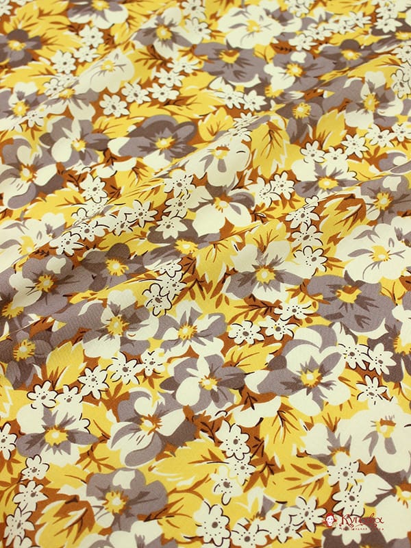 Мерный лоскут (ткань в отрезах) - Штапель "Цветочные узоры" цв.горчичный, ш.1.44м, вискоза-100%