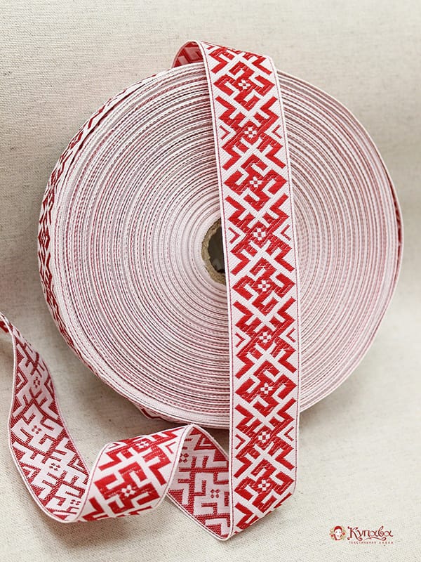 Жак.лента 32мм Красные славянские знаки на белом#001026