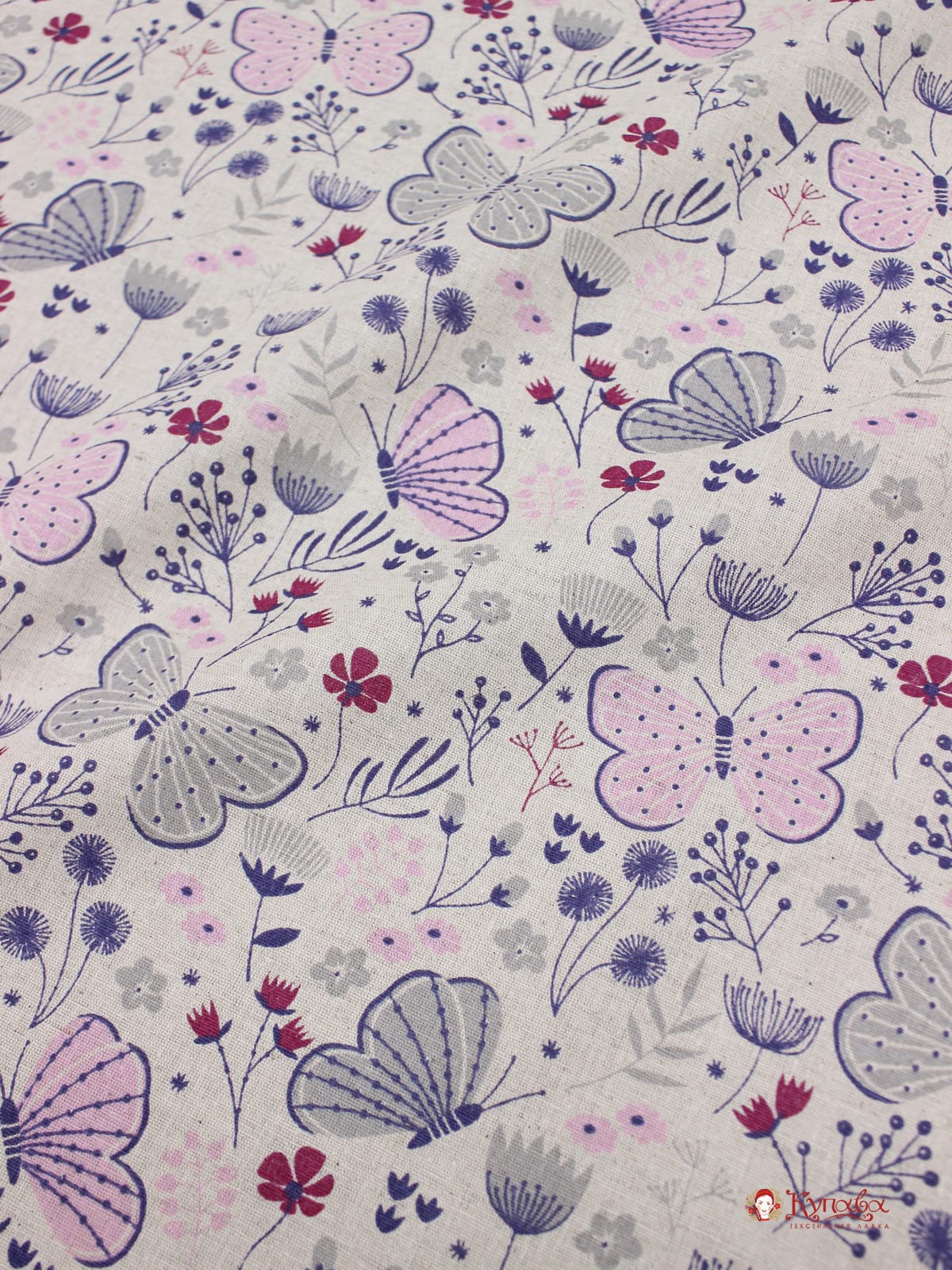 Полулен "Розовые бабочки на суровом", СОРТ2, ш.1.5м, лен-30%, хлопок-70%, 140гр/м.кв