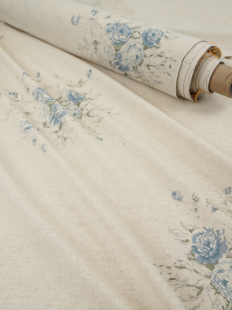 Полулен "Поллианна (голубые цветы)" (на суровом), СОРТ2, ш.1.5м, лен-30%, хлопок-70%, 147гр/м.кв