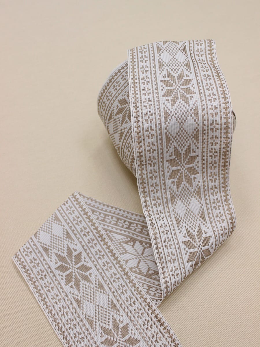 Жак.лента 92мм Бежевый старорусский орнамент на белом