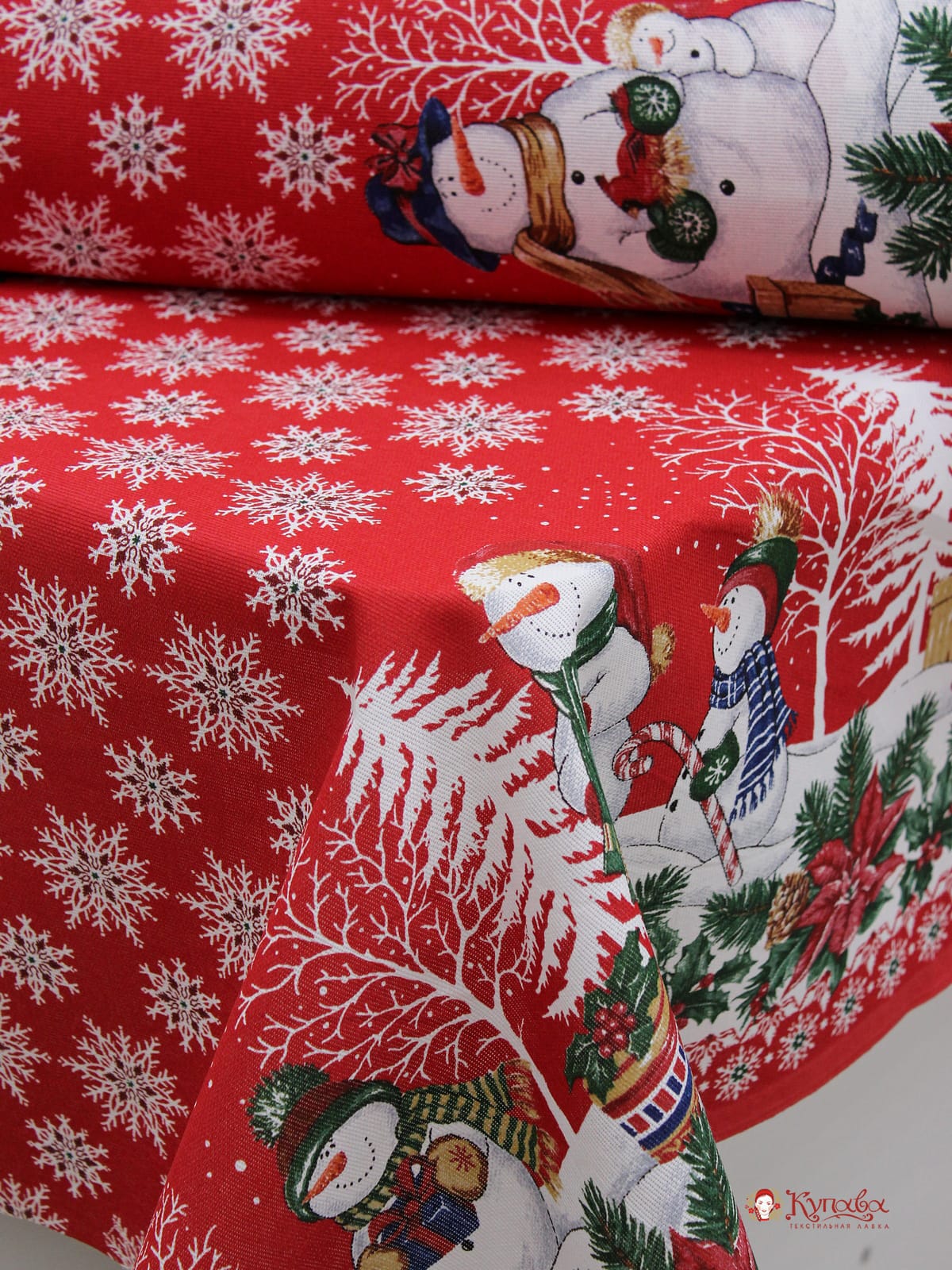 Мерный лоскут(ткань в  отрезах)- Рогожка "Снеговики со снежинками" цв.красный, ш.1.5м, хлопок -100%