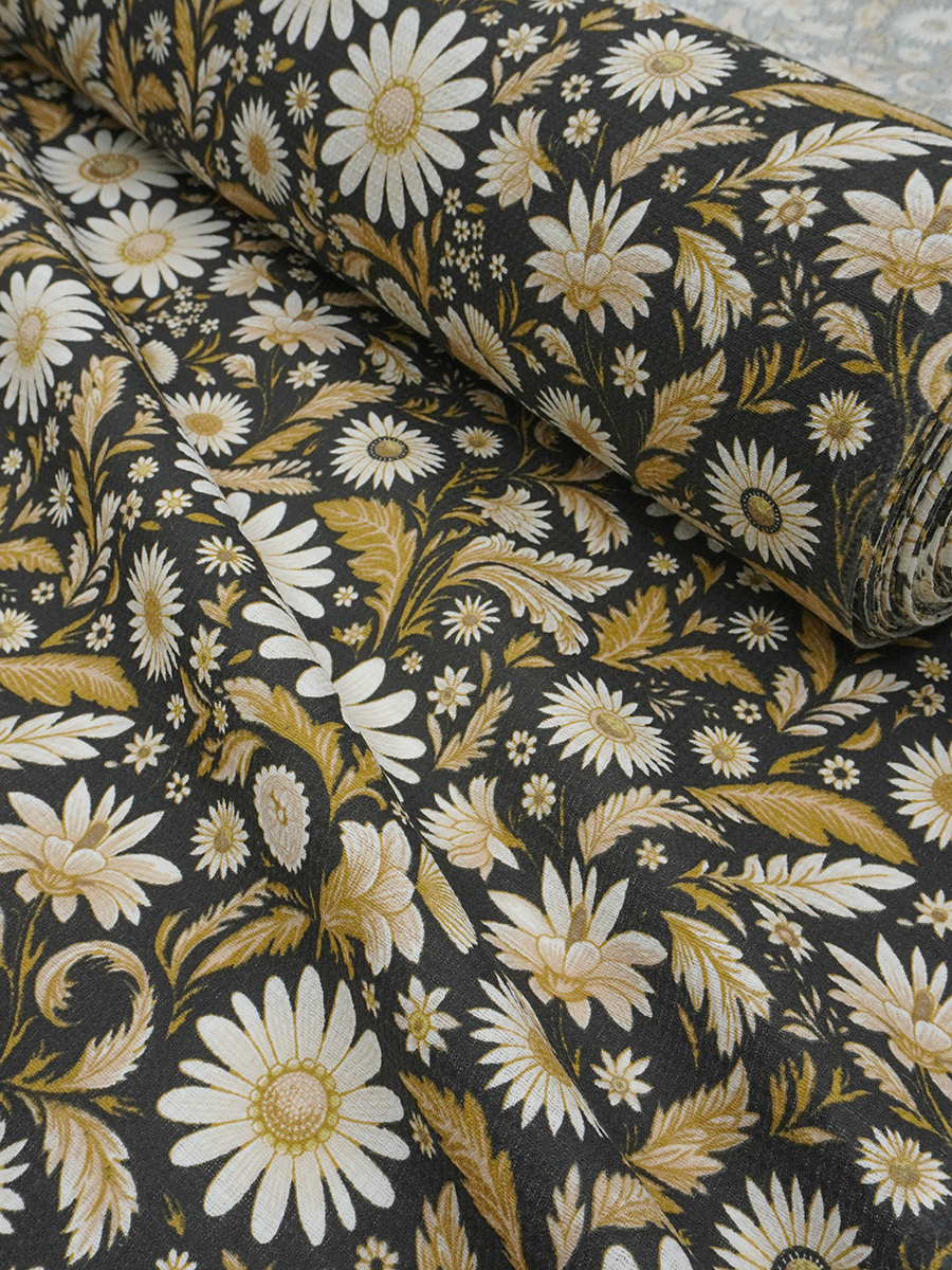 Вафельное полотно "Белокурые ромашки" цв.черный, ш.1.5м, хлопок-100%, 150гр/м.кв