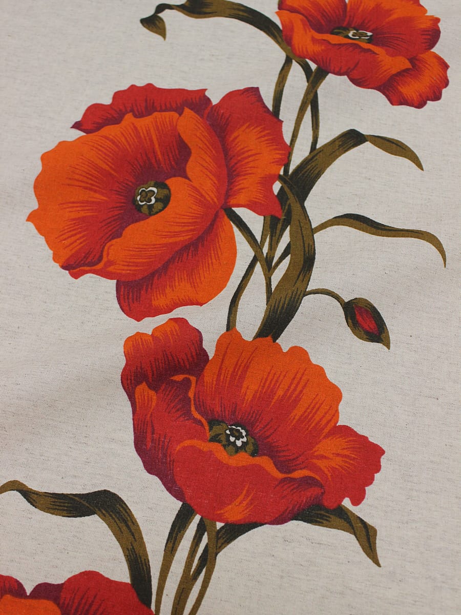 Полулен "Крупные маки по кайме" (на т.суровом), ш.1.5м, хлопок-70%, лен-30%, 140гр/м.кв