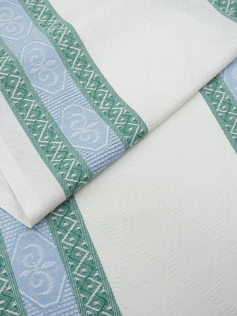 Холст полотенечный жаккард "Ромбы на белом с каймой" цв.голубой/изумрудный, ш.0.5м, лен-30%, хл-70%