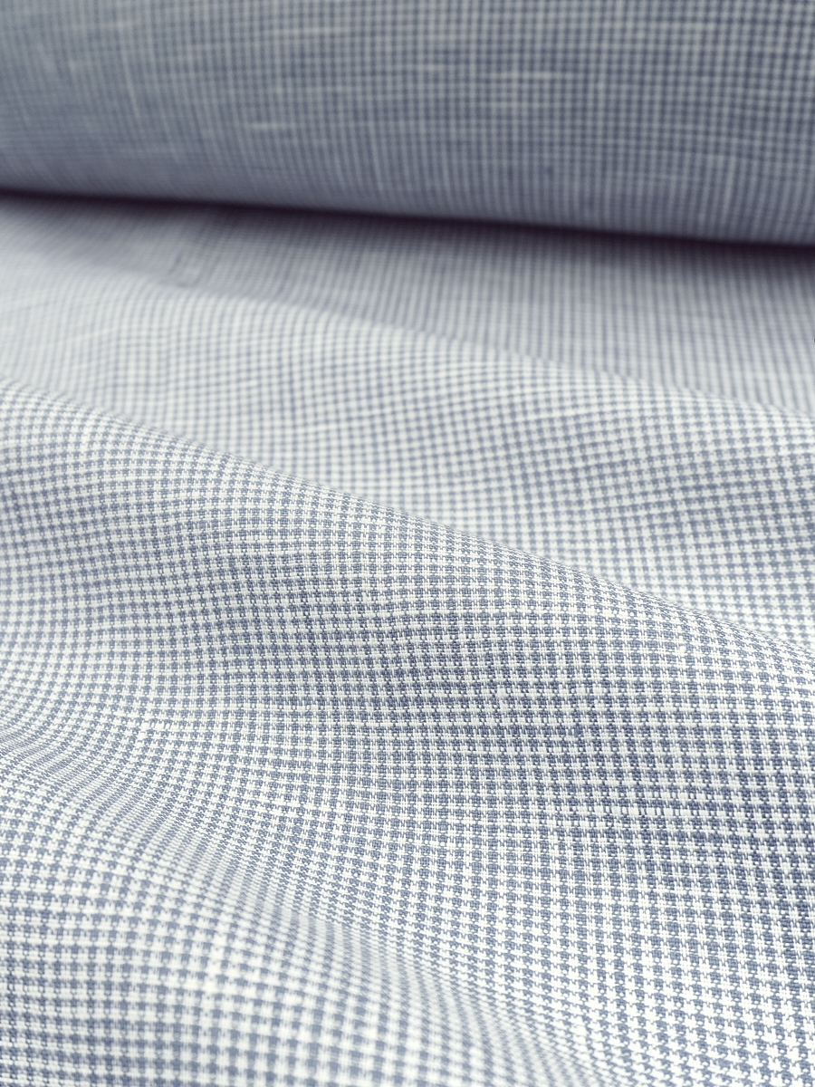 Лен сорочечный пестротканый с умягчением "Мелкая клетка" цв.белый/синий, ш.1.5м, лен-100%