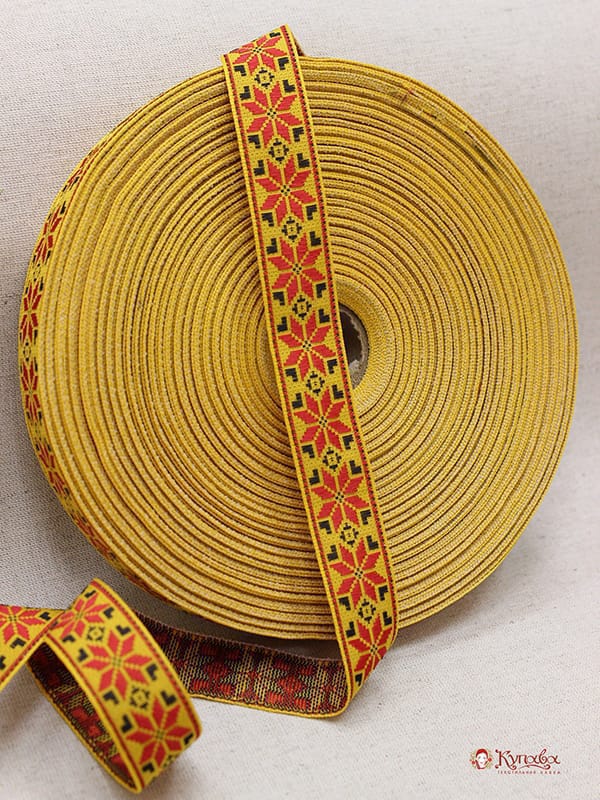 Жак.лента 24мм Красная (с черным) снежинка-цветок на желтом, рис.9455