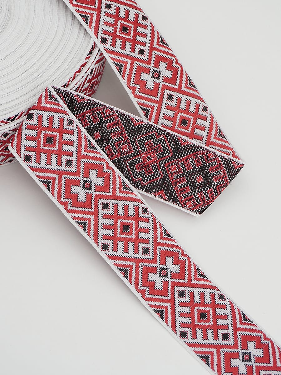 Жак.лента 32мм Ромбы красный/черный на белом