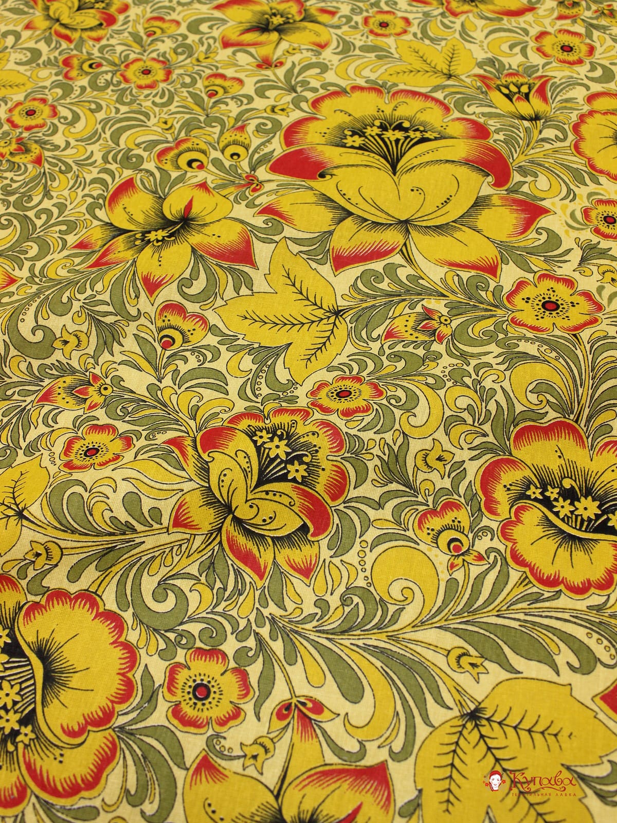 Мерный лоскут Бязь "Хохлома на золотистом", ш.1.5м, хлопок-100%, 120гр/м.кв