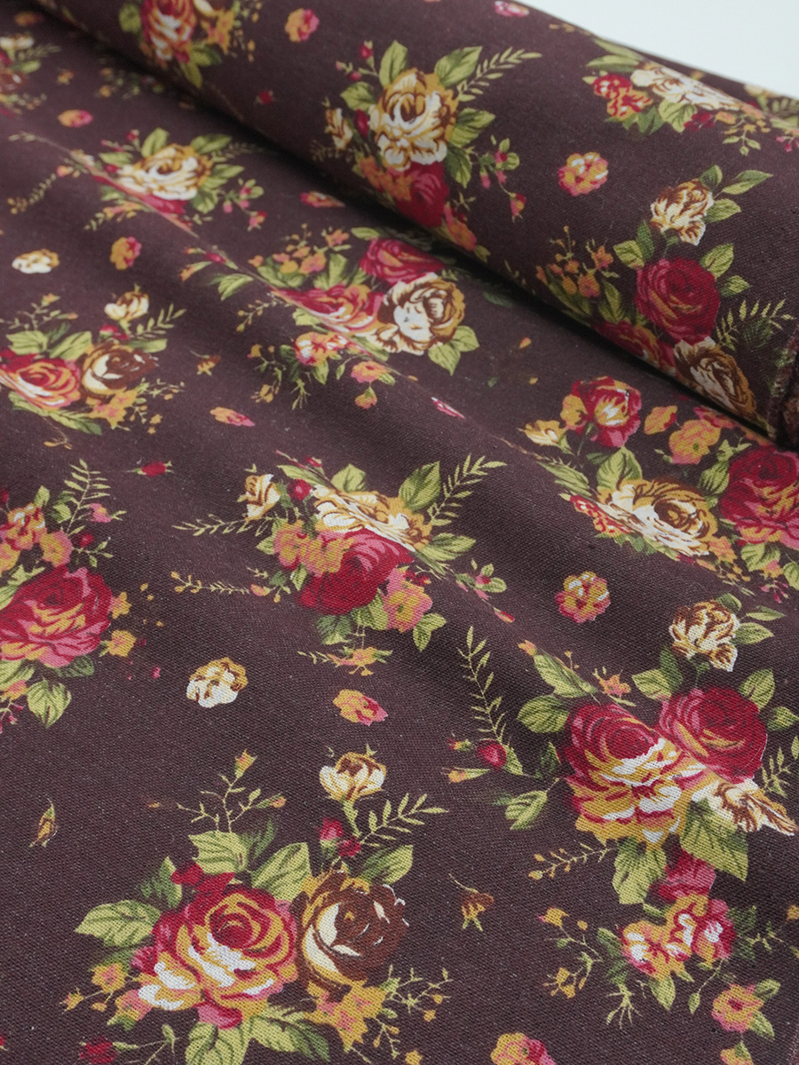 Хлопколен "Чайная роза на т.каштаново-коричневом", ш.1.46м, лен-20%, хлопок-80%, 140гр/м.кв