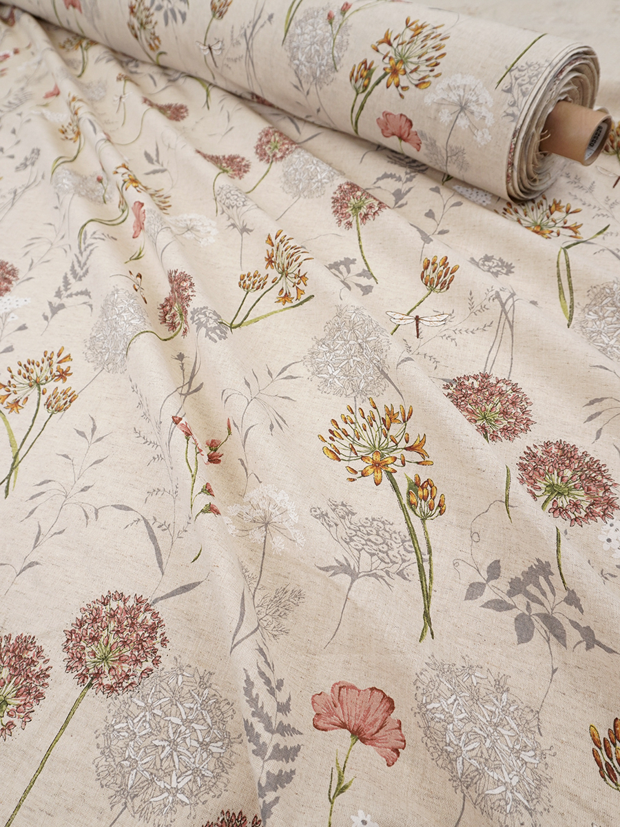 Полулен "Черемша - горчичные цветы" (на суровом), СОРТ2, ш.1.5м, лен-30%, хлопок-70%, 140гр/м.кв