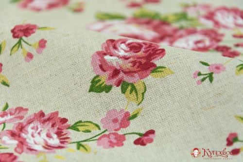 Полулен "Розовые розочки на льняном" 1.5 м, лен-56%, хлопок-44%, пл.200 гр/м.кв.