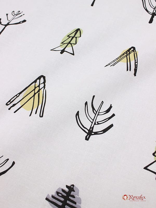 Полулен "Этно-лес на белом", ш.1.5м, лен-30%, хлопок-70%, 147гр/м.кв