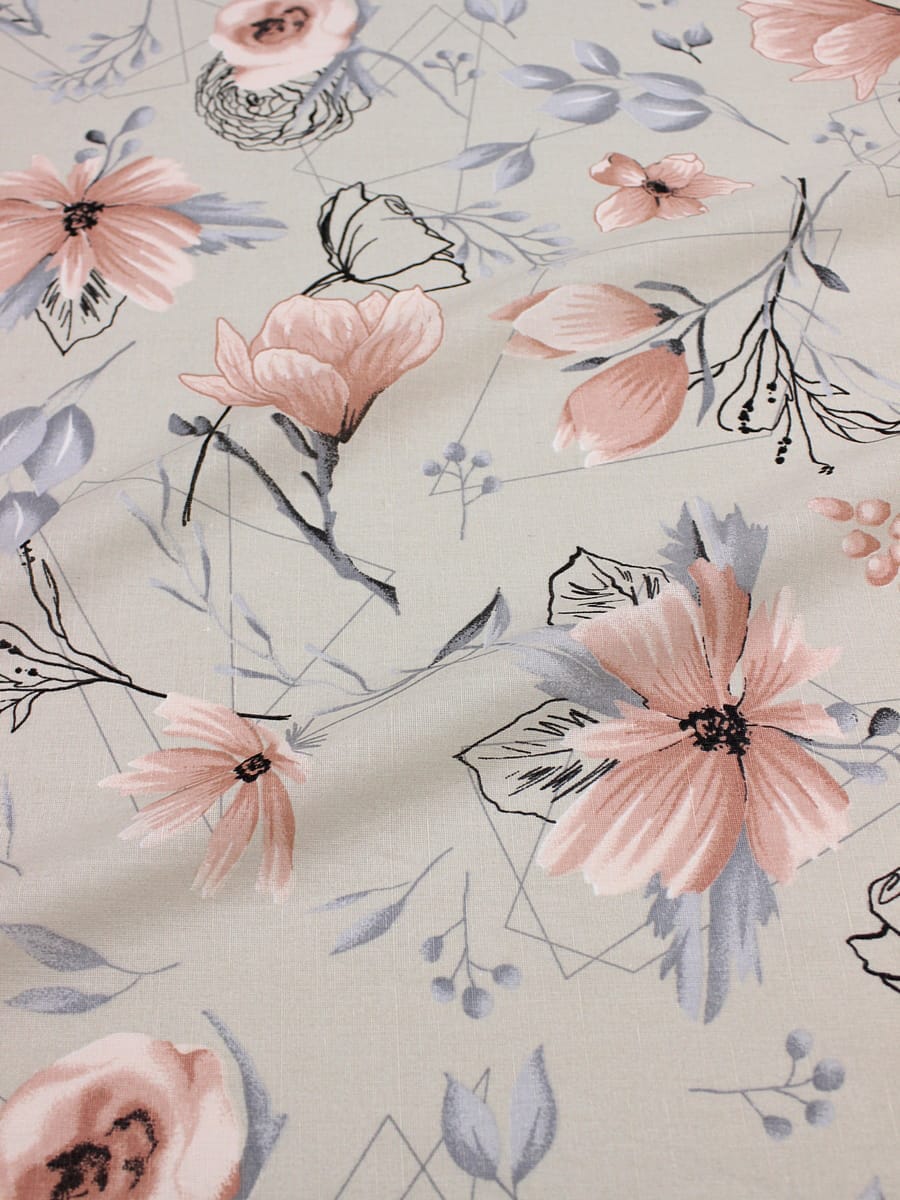 Полулен "Веточки магнолии" цв.св.телесно-серый, ш.2.2м, лен-30%, хлопок-70%, 140гр/м.кв