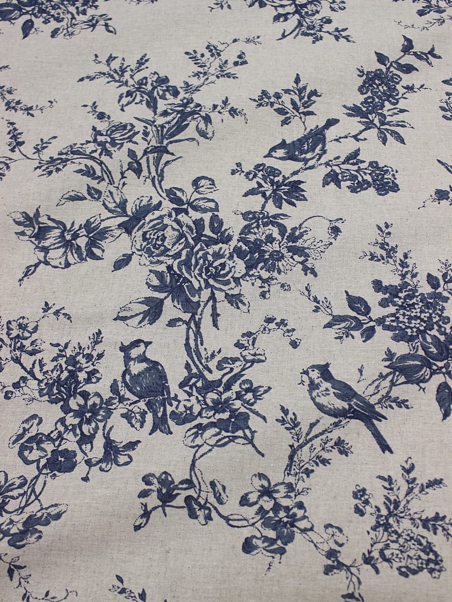 Полулен "Райские птицы" цв.джинс (на суровом), ш.2.2м, лен-30%, хлопок-70%, 150гр/м.кв