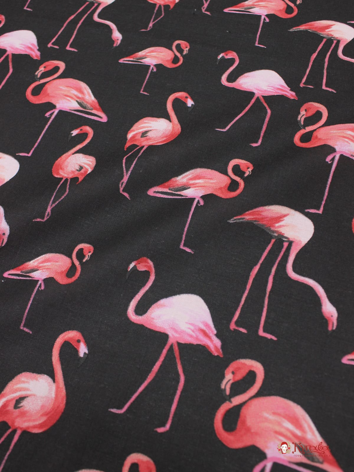 Мерный лоскут(ткань в отрезах) - Перкаль "Коралловые фламинго на черном", ш.1.5м, хлопок-100%