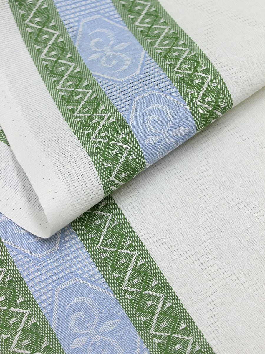 Холст полотенечный жаккард "Ромбы на белом с каймой" цв.голубой/зеленый, ш.0.5м, лен-30%, хл-70%