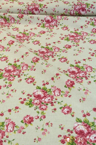 Полулен "Розовые розочки на льняном" 1.5 м, лен-56%, хлопок-44%, пл.200 гр/м.кв.