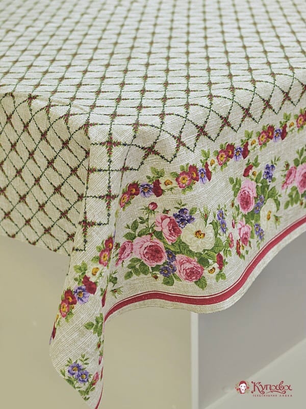 Рогожка "Фарфоровая розочка по кайме на сером меланже", ш.1,5м, хл-100%, 160гр/м.кв