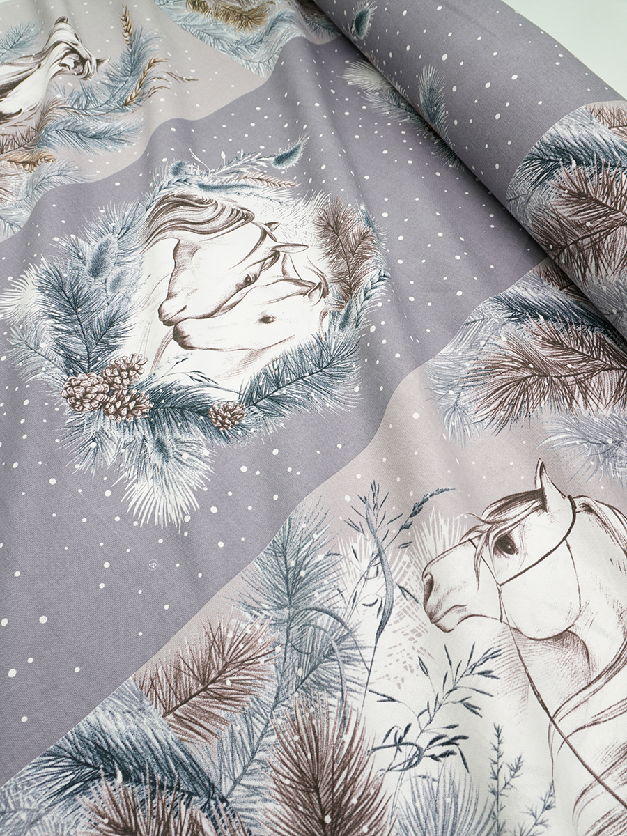 Рогожка "Зимние лошадки", ш.1.5м, хлопок-100%, 165гр/м.кв, раппорт 64см