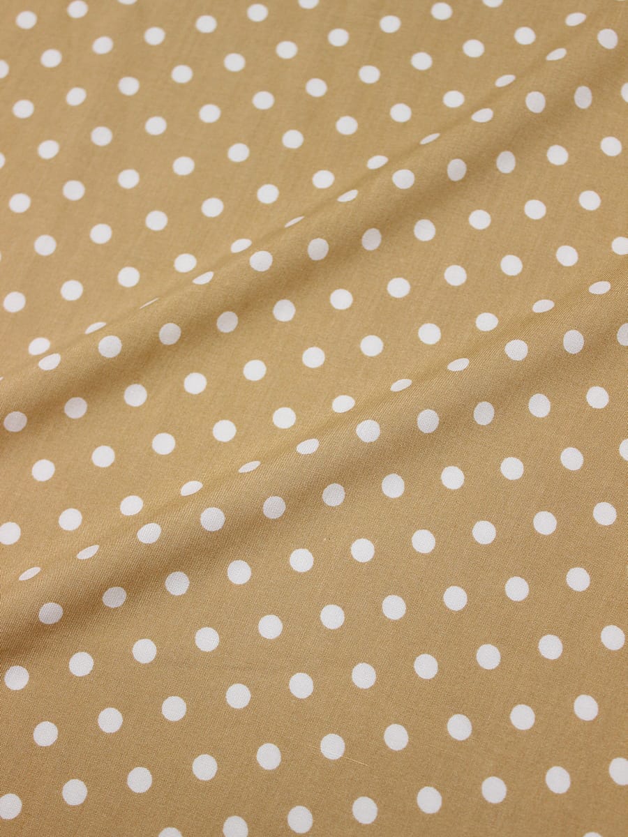 БРАК (цена снижена) Штапель "Редкий средний горох на бежевом", ш.1.44м, вискоза-100%, пл.110 гр/м.кв