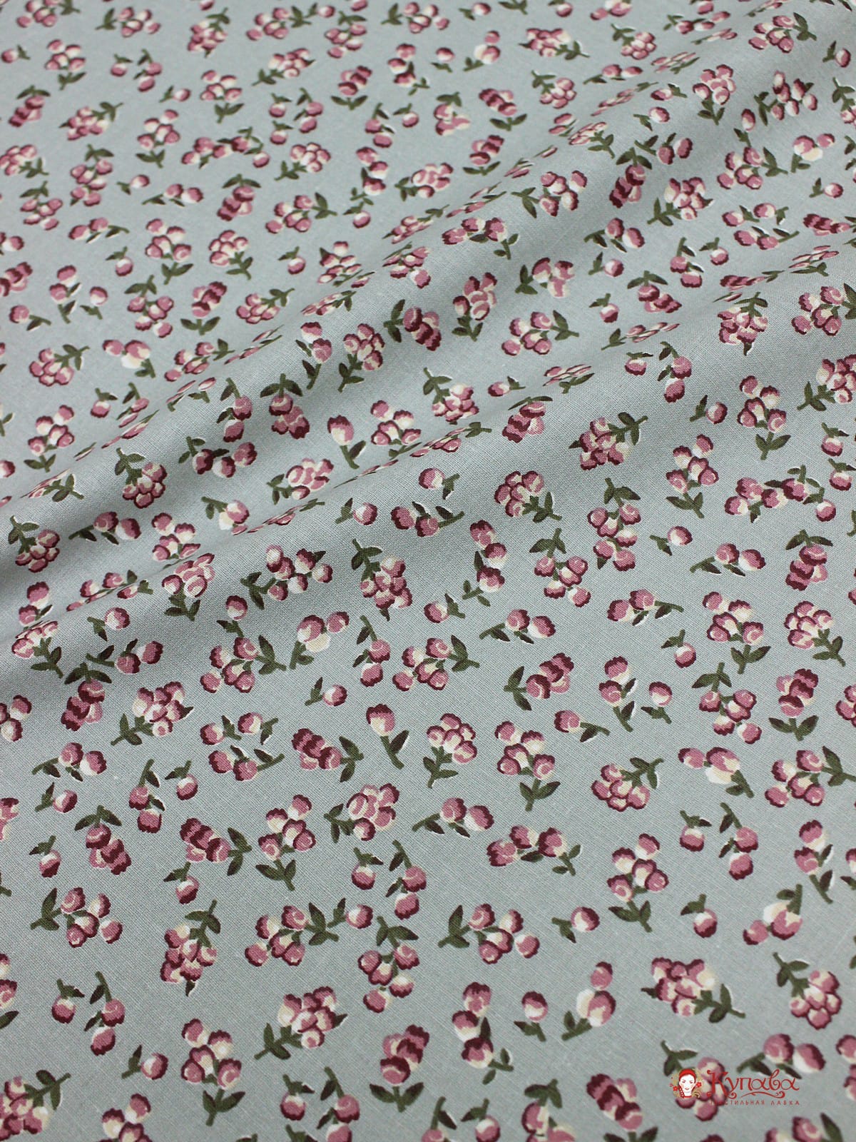 Перкаль "Брусничные цветочки" цв.серо-мятный, ш.1.5м, хлопок-100%, 100гр/м.кв