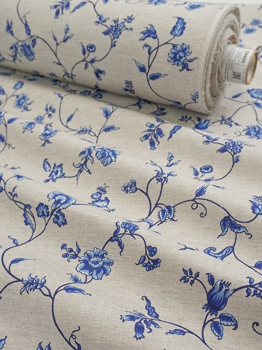 Мерный лоскут (ткань в отрезах) Полулен "Синий цветочный вьюнок" (на т.суровом), ш.1.5м, лен-30%, хлопок-70%, 140гр/м.кв