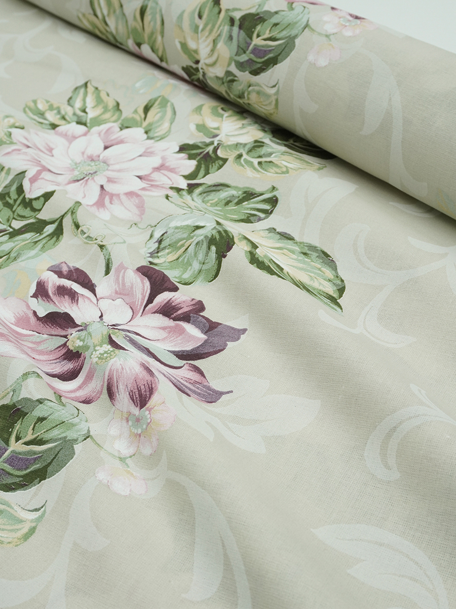 Бязь "Георгины с вензелями на светло-бежевом", ГОСТ, ш.2.2м, хлопок-100%, 142гр/м.кв